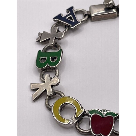 Mexico 925 Silver Enamel ABC Teacher Children Kids Chain Bracelet Vintage A277 - Picture 15 of 16